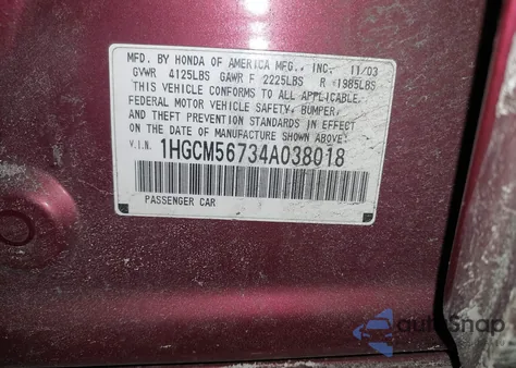 2004 Honda Accord 2.4 Ex from USA, damaged, VIN 1HGCM56734A038018